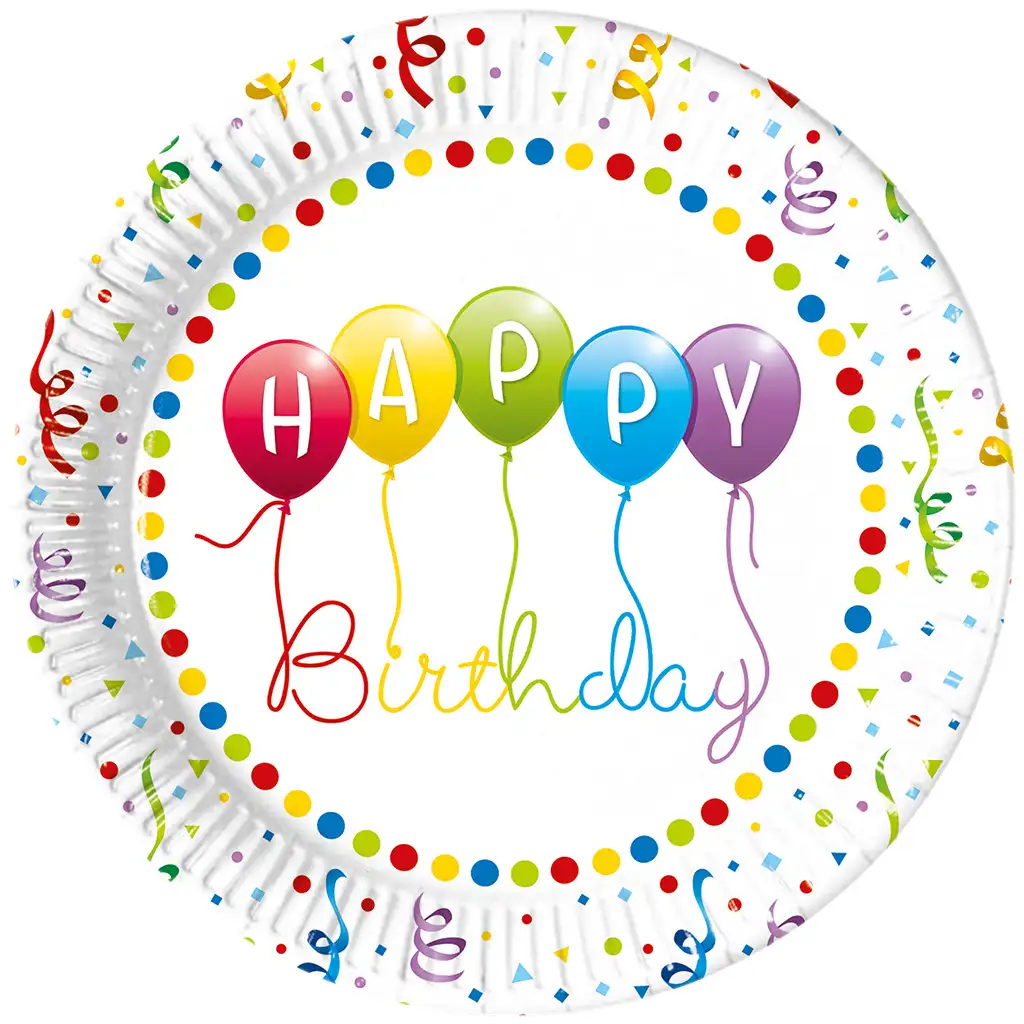 Színes szülinapos „Happy Birthday” feliratú papírtányér 8db-os szett