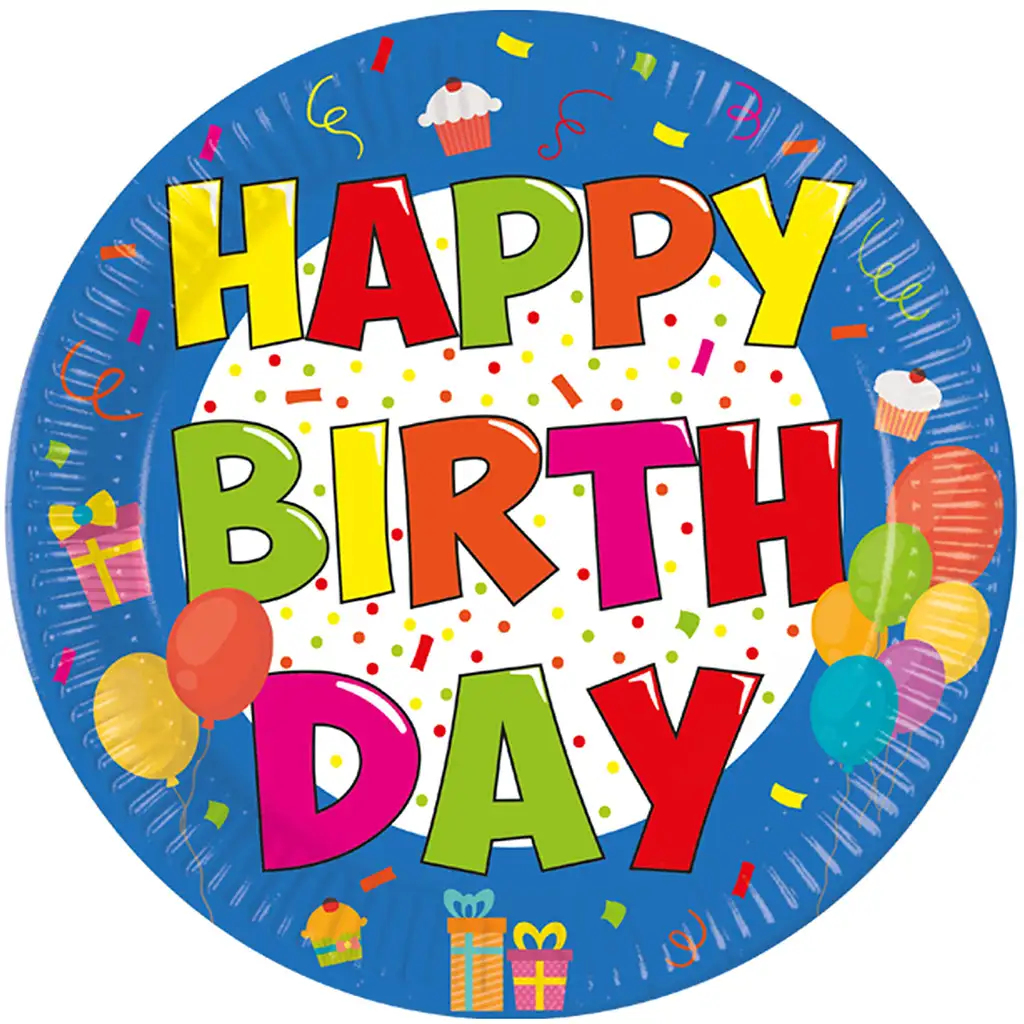 Vidám szülinapos "Happy Birthday" feliratú partitányér 8db-os szett