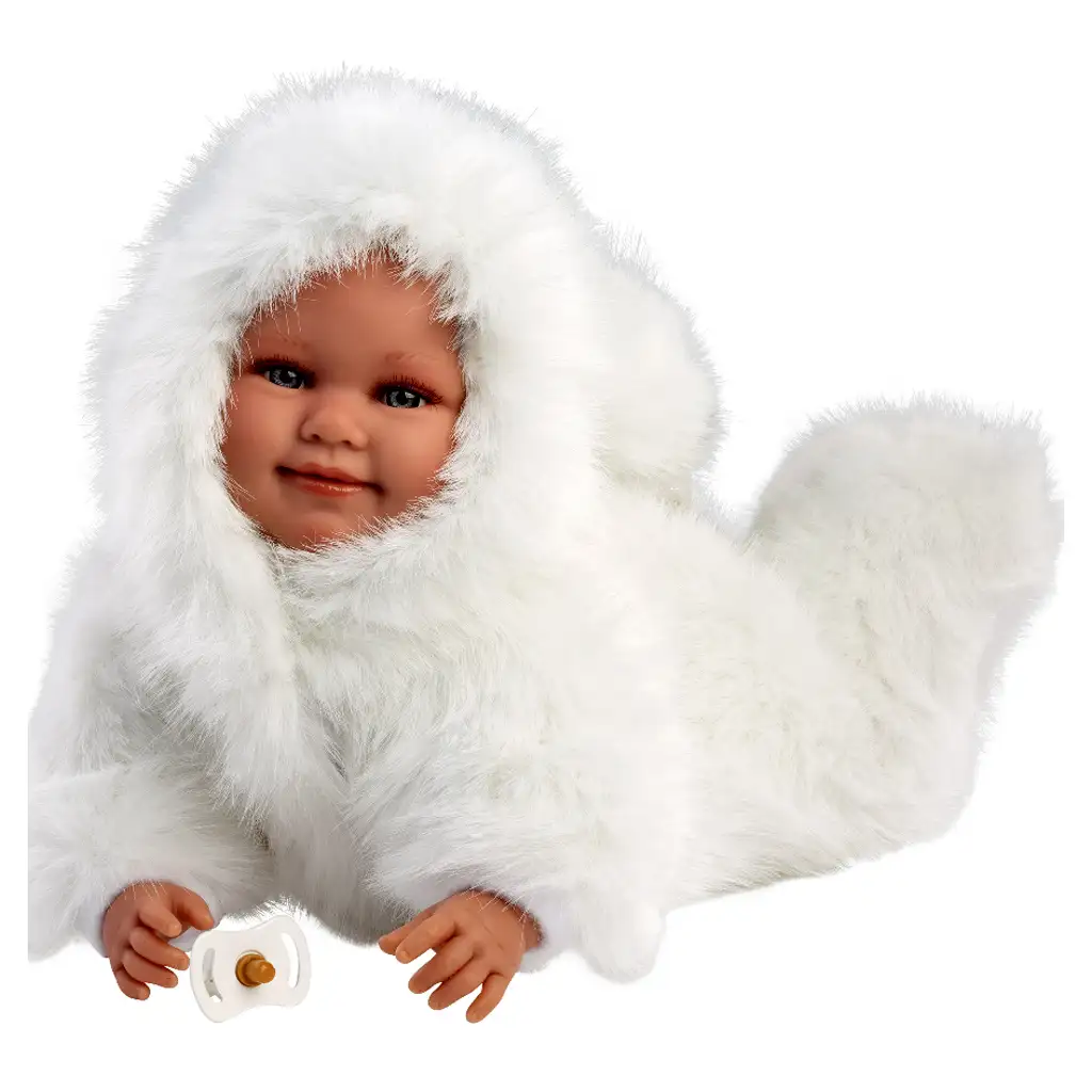 Llorens: Luka 45cm-es mosolygós baba cumival fehér bársony bundában kép 3