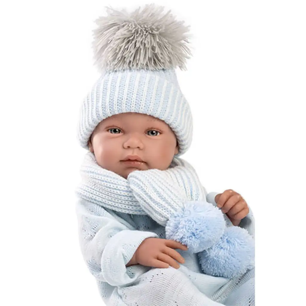 Llorens: Tino 43cm-es újszülött fiú baba kék babapléddel, cumival és 3db különböző ruhával kép 4