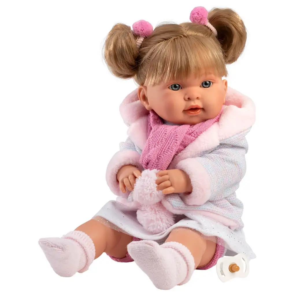 Llorens: Alexandra 42cm-es síró baba cumival rózsaszín bojtos sállal kép 2