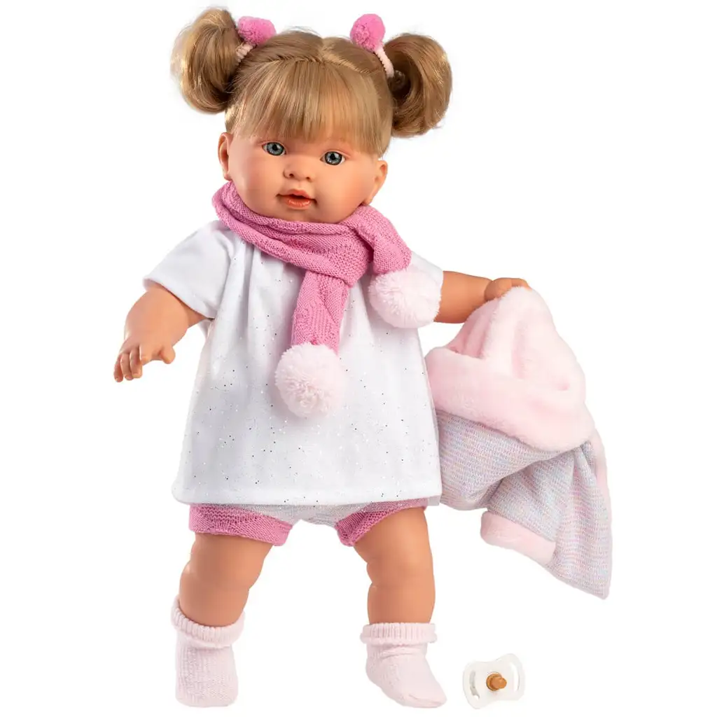 Llorens: Alexandra 42cm-es síró baba cumival rózsaszín bojtos sállal kép 3