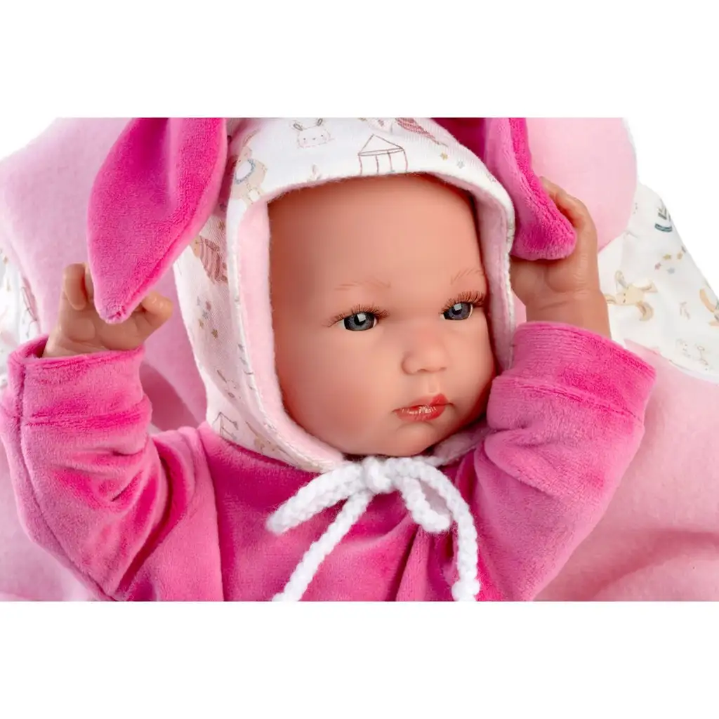 Llorens: Bimba újszülött baba rózsaszín nyuszis hordozóval 35cm kép 2