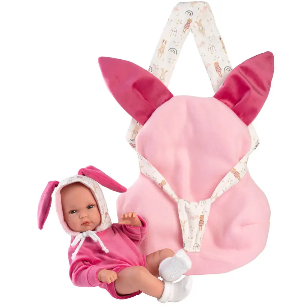 Llorens: Bimba újszülött baba rózsaszín nyuszis hordozóval 35cm kép 4