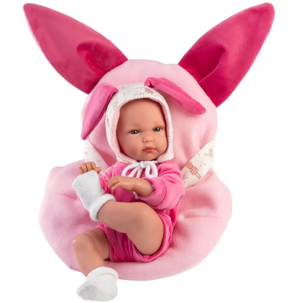 Llorens: Bimba újszülött baba rózsaszín nyuszis hordozóval 35cm