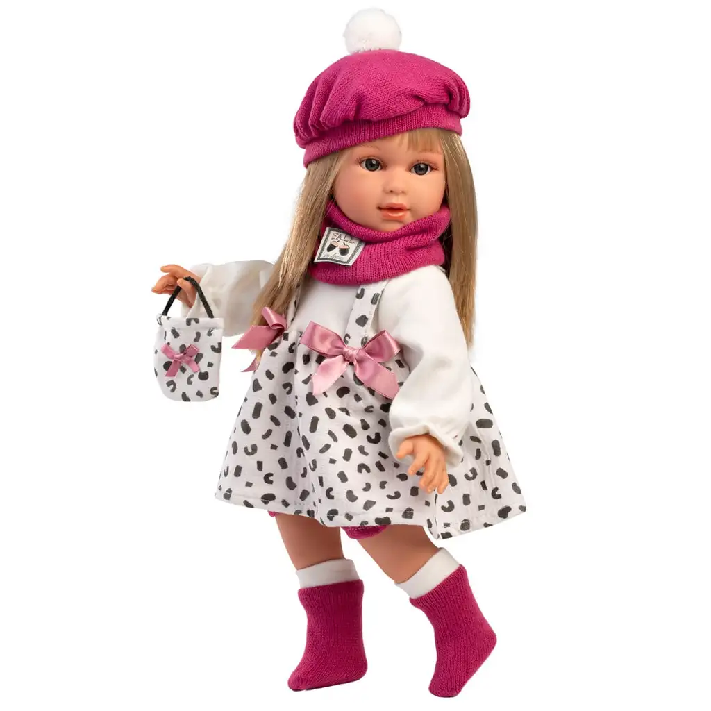 Llorens: 40cm-es Carla baba rózsaszín sapkában divatos ridiküllel kép 2