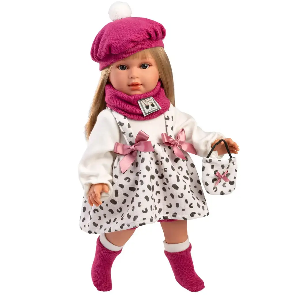 Llorens: 40cm-es Carla baba rózsaszín sapkában divatos ridiküllel