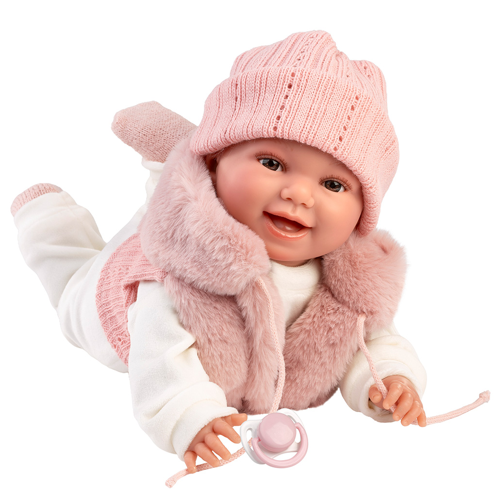 Llorens: Chloe 38cm-es síró baba rózsaszín mellényben kép 3