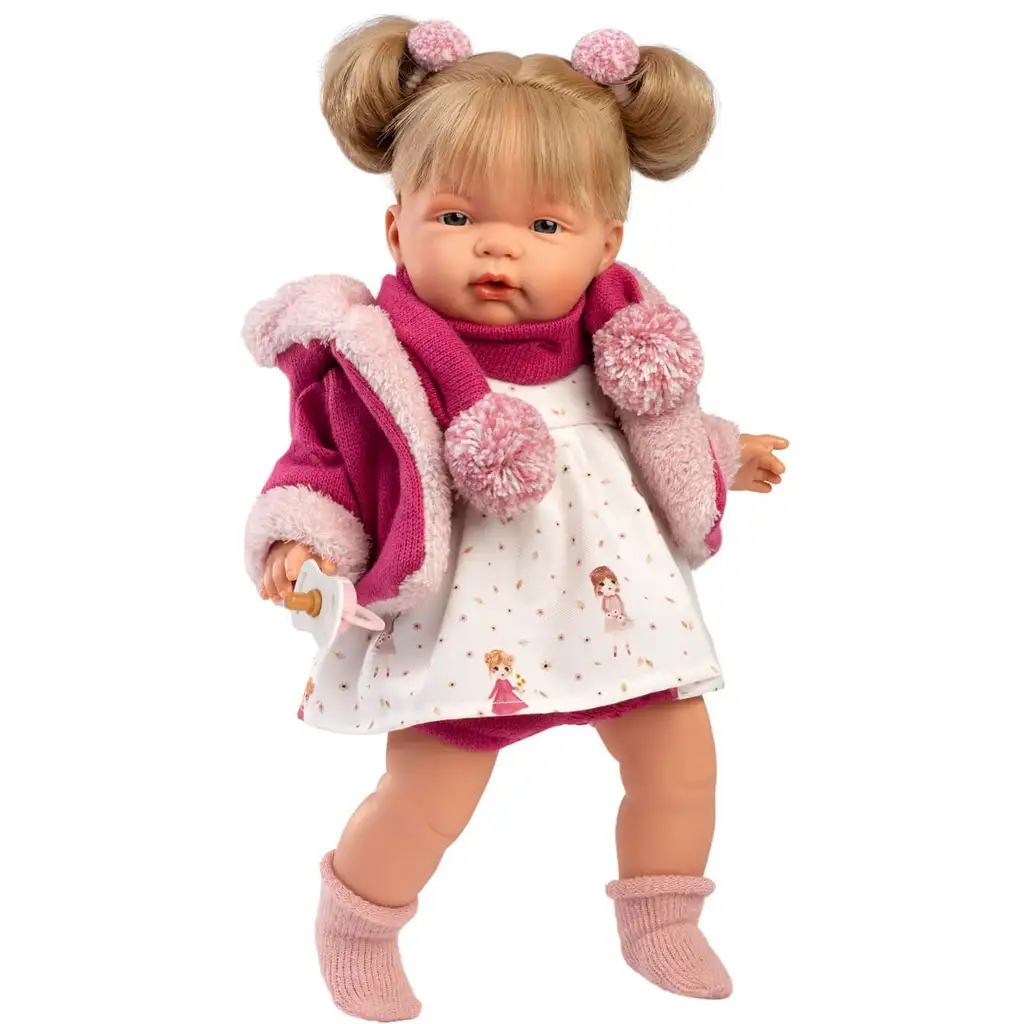 Llorens: Joelle 38cm-es síró baba cumival rózsaszín kabátban