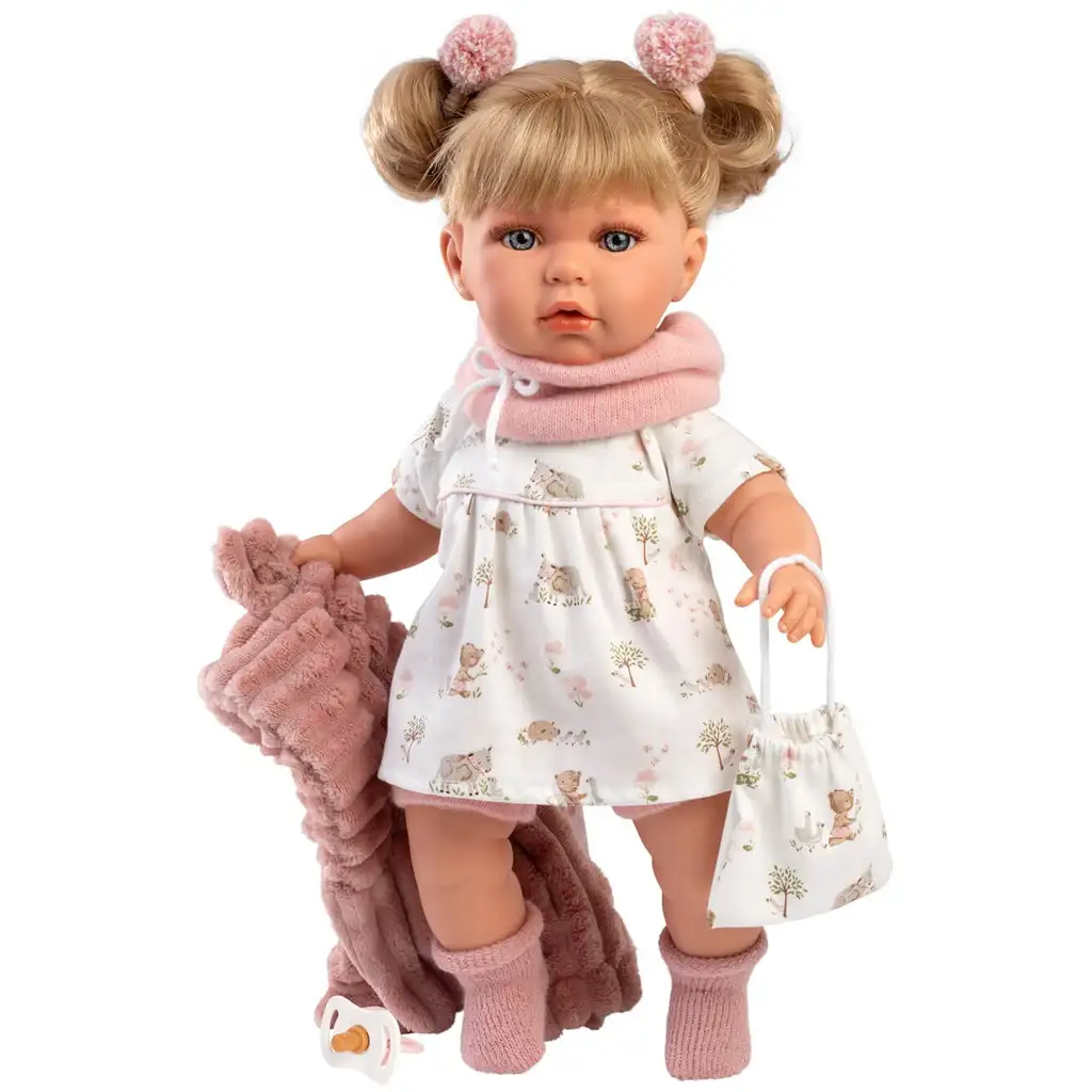 Llorens: Júlia 42cm-es síró baba cumival rózsaszín kabátban kép 2