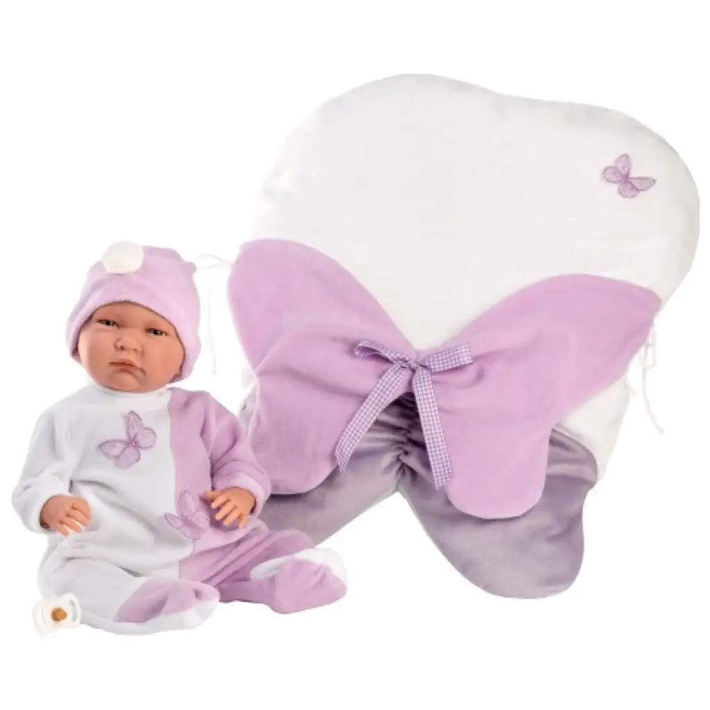 Llorens: Lalo Llorón 42cm-es síró újszülött baba pillangó formájú pólyában kép 2
