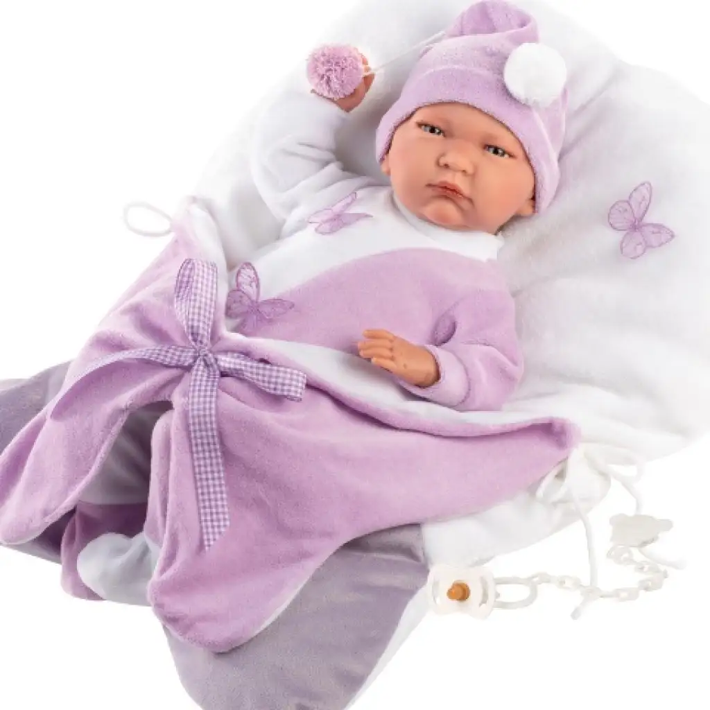 Llorens: Lalo Llorón 42cm-es síró újszülött baba pillangó formájú pólyában kép 4
