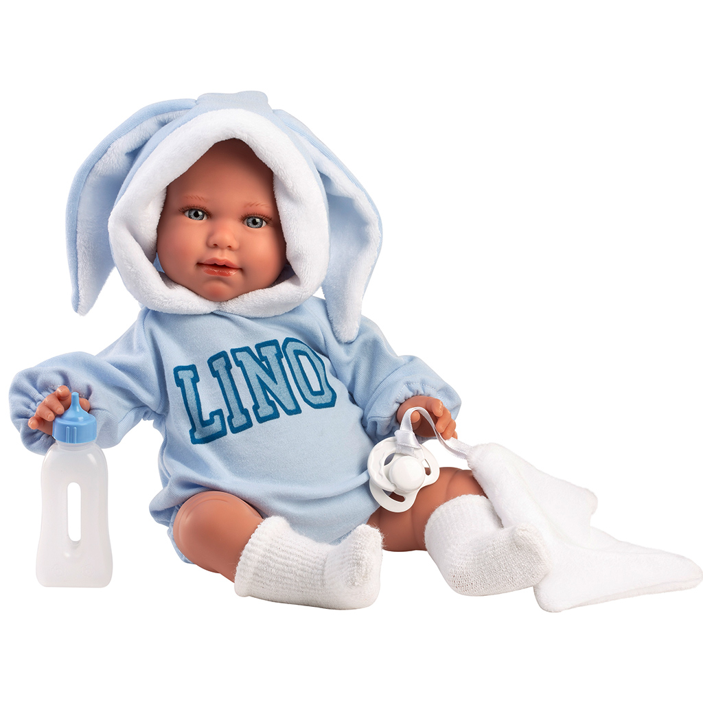 Llorens: Lino 45cm-es síró baba nyuszifüles babaruhában kép 2