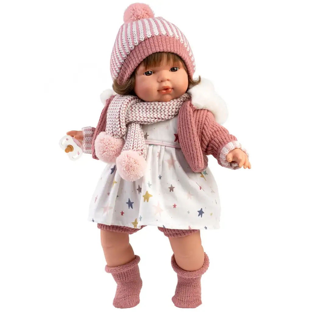 Llorens: Lola 38cm-es síró baba cumival kötött sapkában