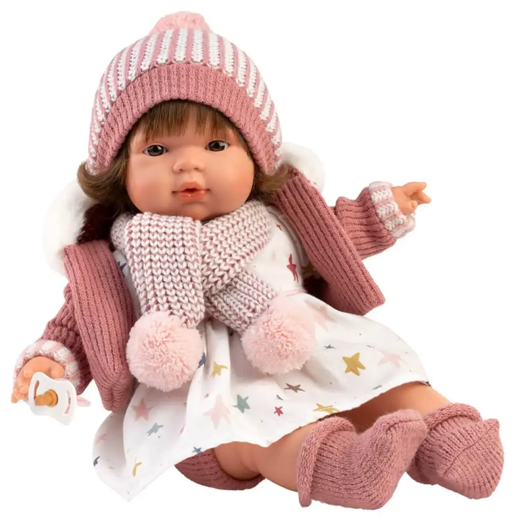 Llorens: Lola 38cm-es síró baba cumival kötött sapkában kép 3