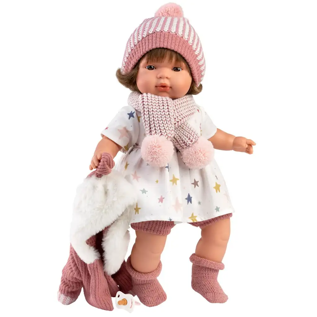 Llorens: Lola 38cm-es síró baba cumival kötött sapkában kép 2