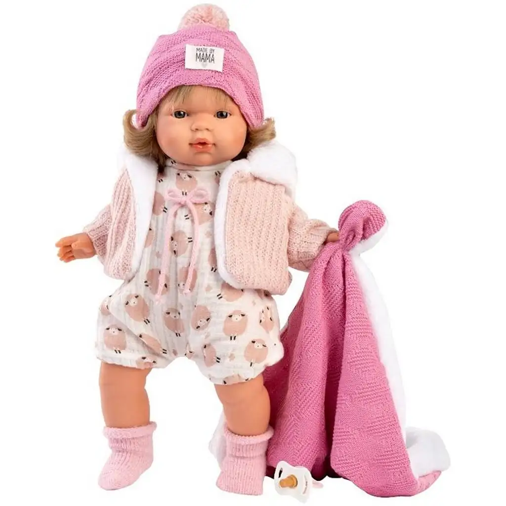 Llorens: Lola 38cm-es síró baba cumival rózsaszín takaróval