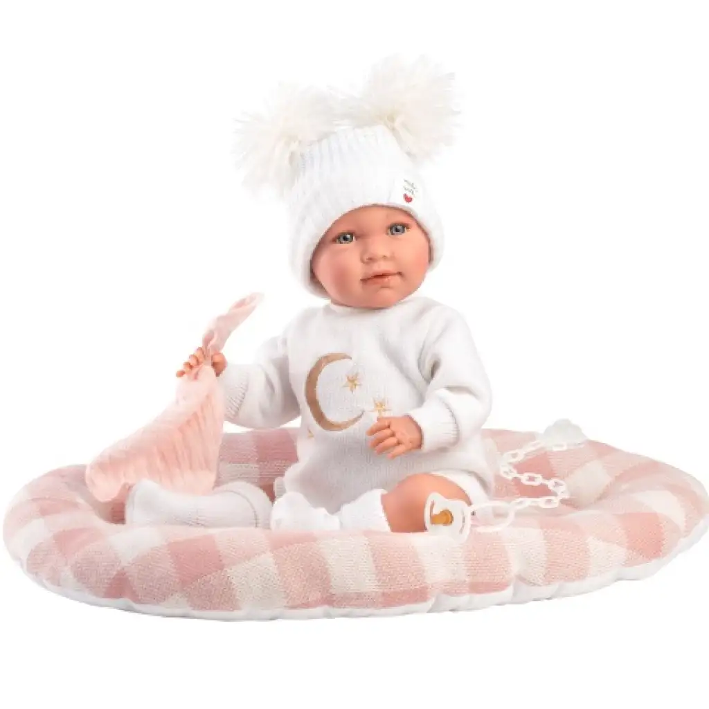 Llorens: Mimi Llorana 42cm-es síró újszülött baba kockás ággyal kép 2