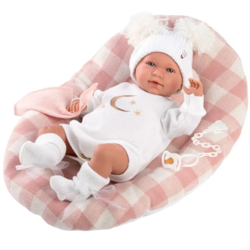 Llorens: Mimi Llorana 42cm-es síró újszülött baba kockás ággyal