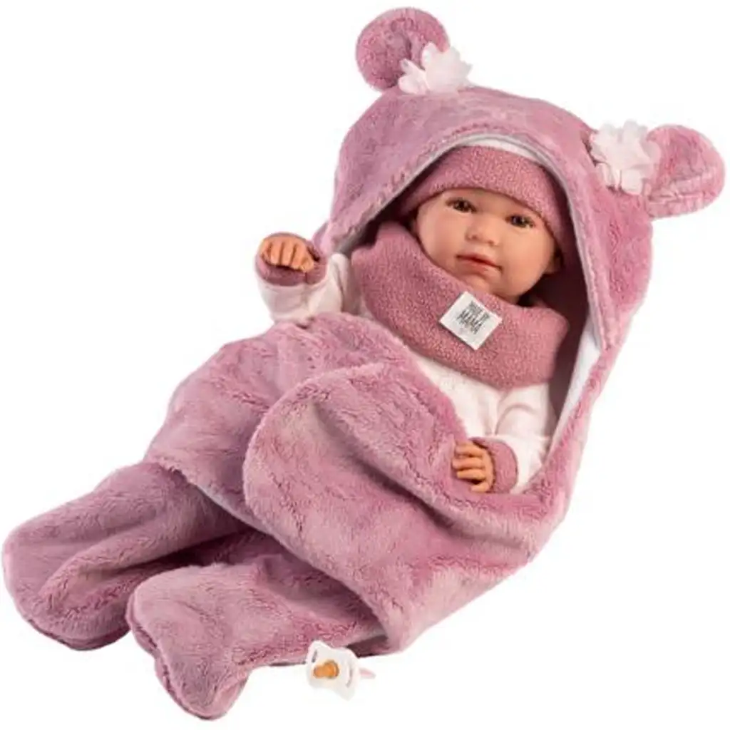 Llorens: Mimi 42cm-es síró baba rózsaszín macifüles puha hálózsákkal kép 2