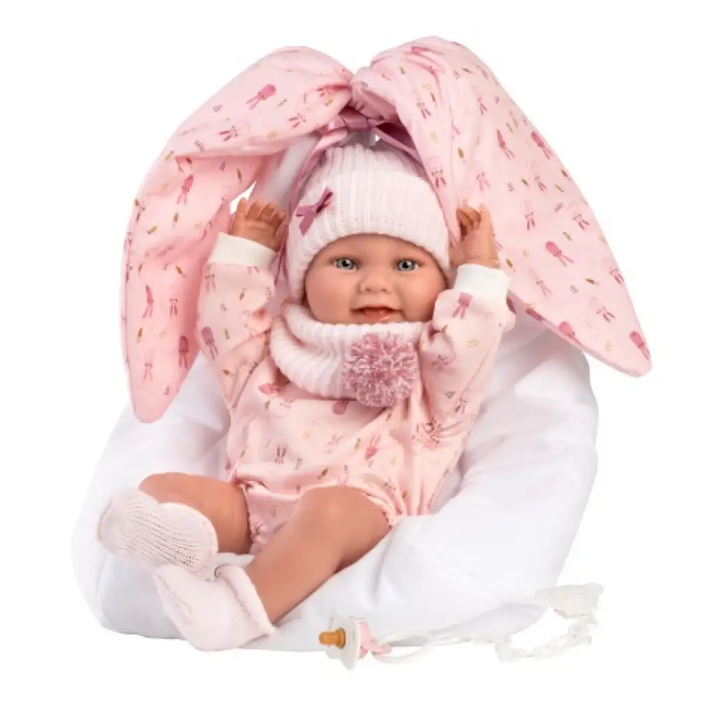 Llorens: Nica 40cm-es újszülött baba nyuszis hordozóval kép 2