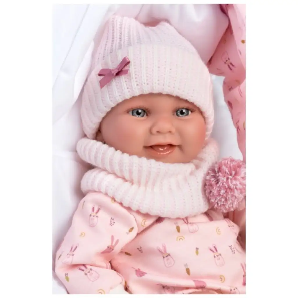 Llorens: Nica 40cm-es újszülött baba nyuszis hordozóval kép 4