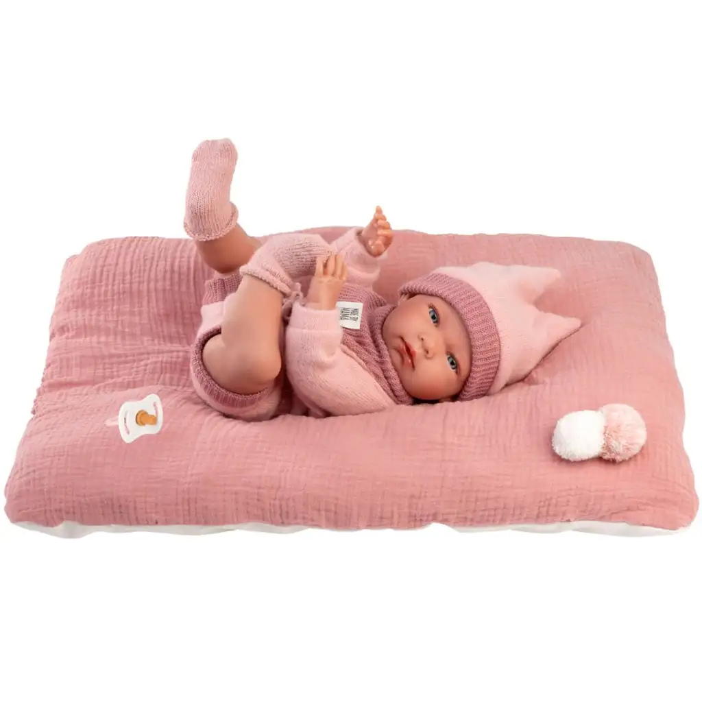Llorens: Nica újszülött lány baba rózsaszín ruhában párnával 38cm kép 2