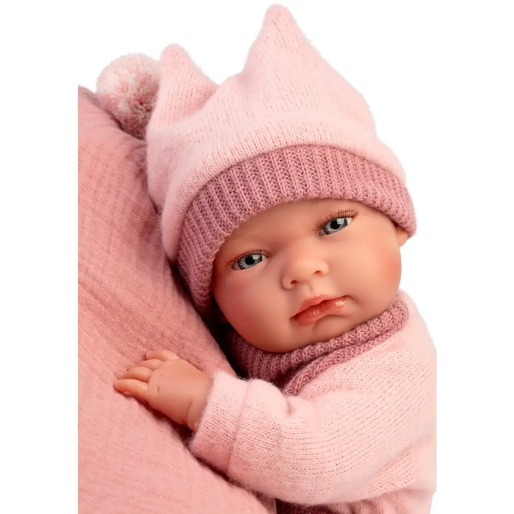 Llorens: Nica újszülött lány baba rózsaszín ruhában párnával 38cm kép 4