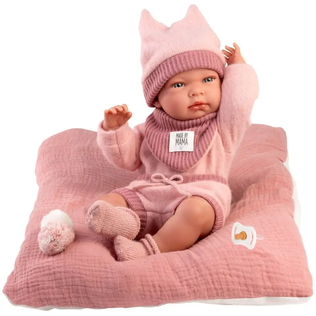 Llorens: Nica újszülött lány baba rózsaszín ruhában párnával 38cm