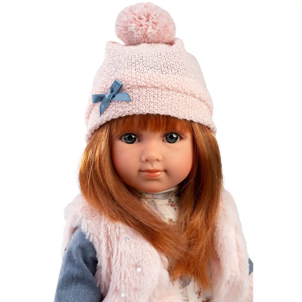 Llorens: Nicole 35cm-es vörös hajú baba rózsaszín mellényben kép 4