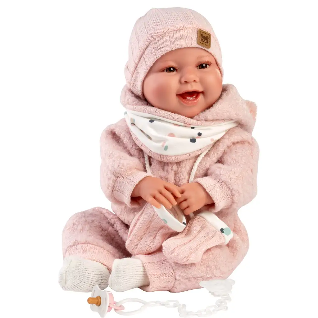 Llorens: Tala Sonrisas 44cm-es újszülött baba hanggal rózsaszín kezeslábasban kép 2
