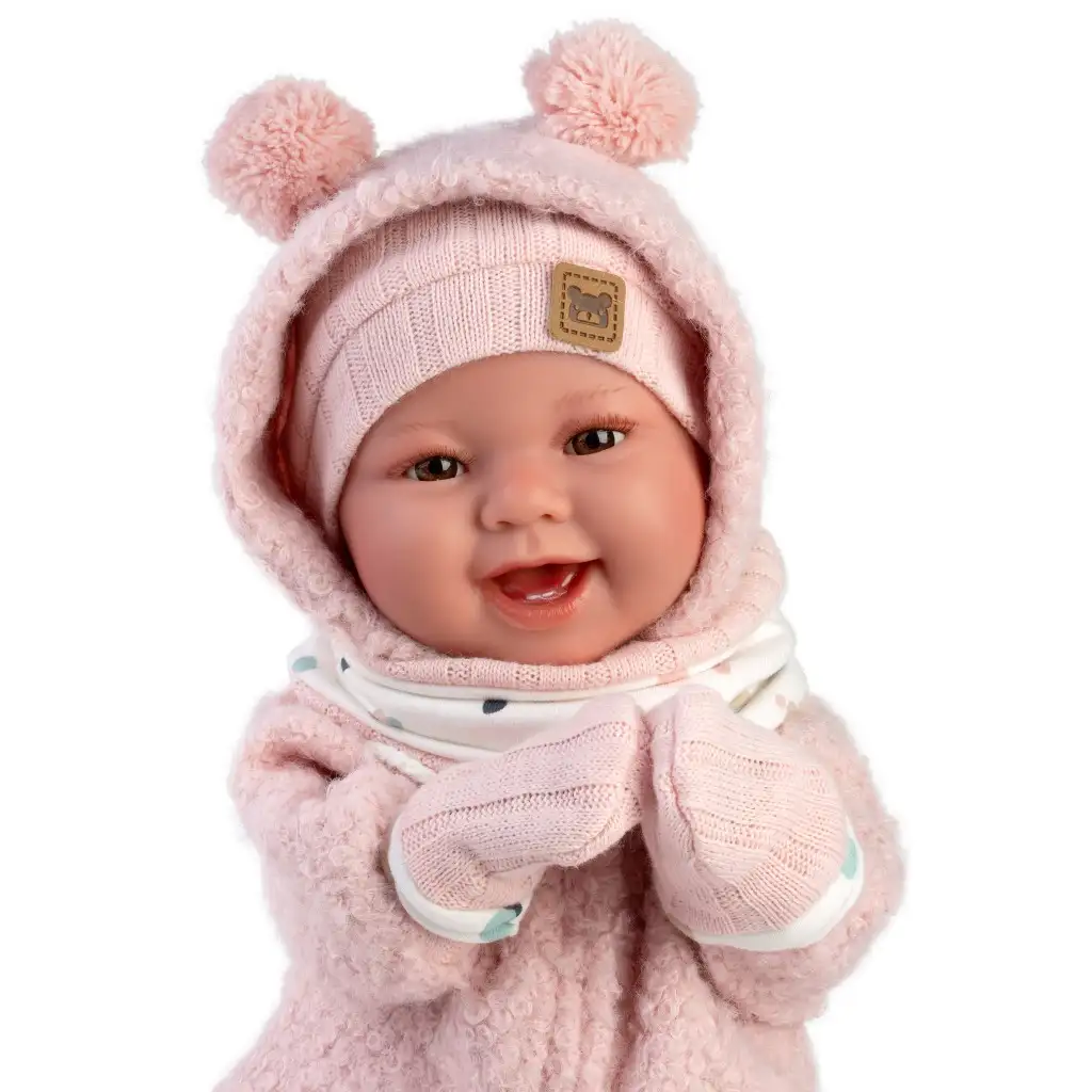 Llorens: Tala Sonrisas 44cm-es újszülött baba hanggal rózsaszín kezeslábasban kép 4