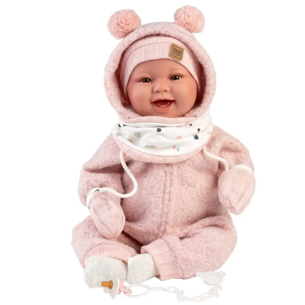 Llorens: Tala Sonrisas 44cm-es újszülött baba hanggal rózsaszín kezeslábasban kép 1