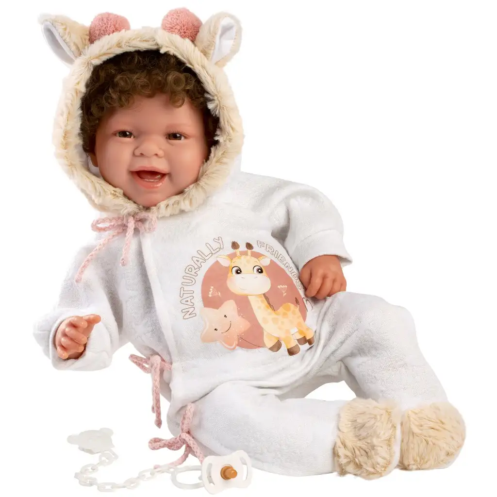 Llorens: Tala Sonrisas 44cm-es újszülött baba hanggal zsiráfos ruhában