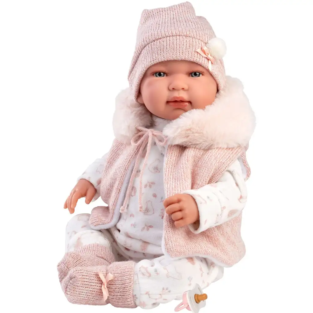 Llorens: Tina 44cm-es újszülött baba rózsaszín kapucnis mellényben kép 2