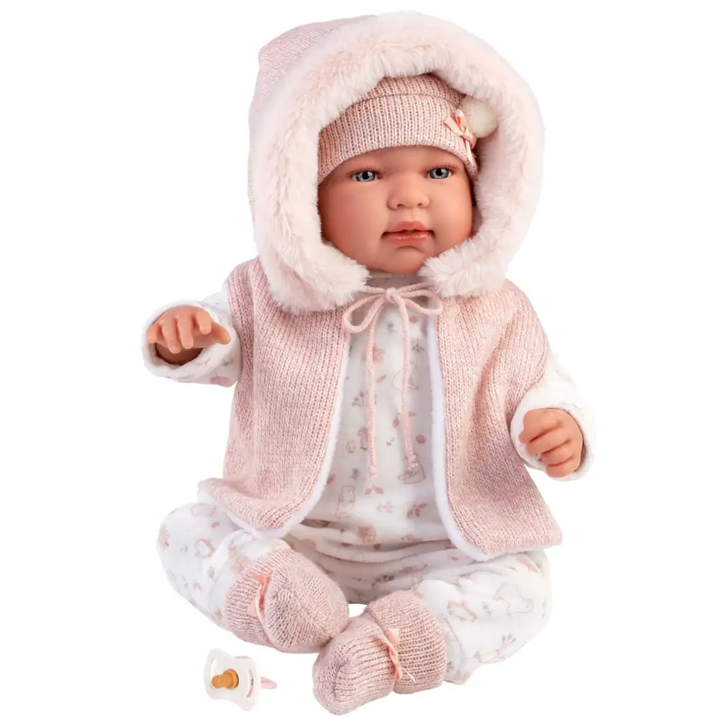 Llorens: Tina 44cm-es újszülött baba rózsaszín kapucnis mellényben kép 4