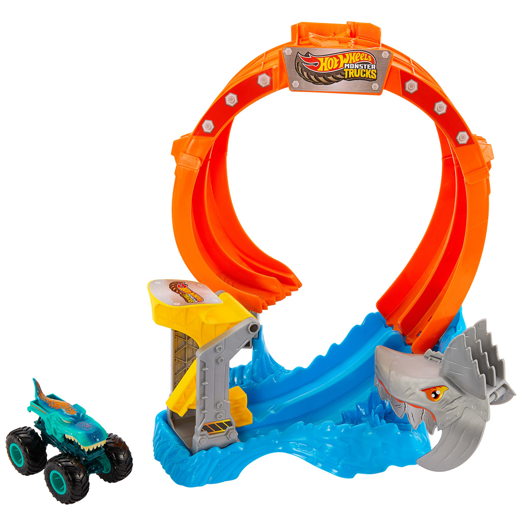 Hot Wheels Monster Trucks: Spiral Shark Smash pályaszett Mega-Wrex kisautóval – Mattel kép 2
