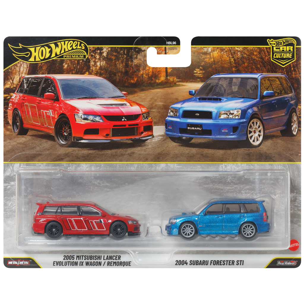 Hot Wheels: Deluxe 2005 Mitsubishi Lancer Evolution IX Wagon és 2004 Subaru Forester STI kisautó 2 db-os csomag 1/64 - Mattel kép 1