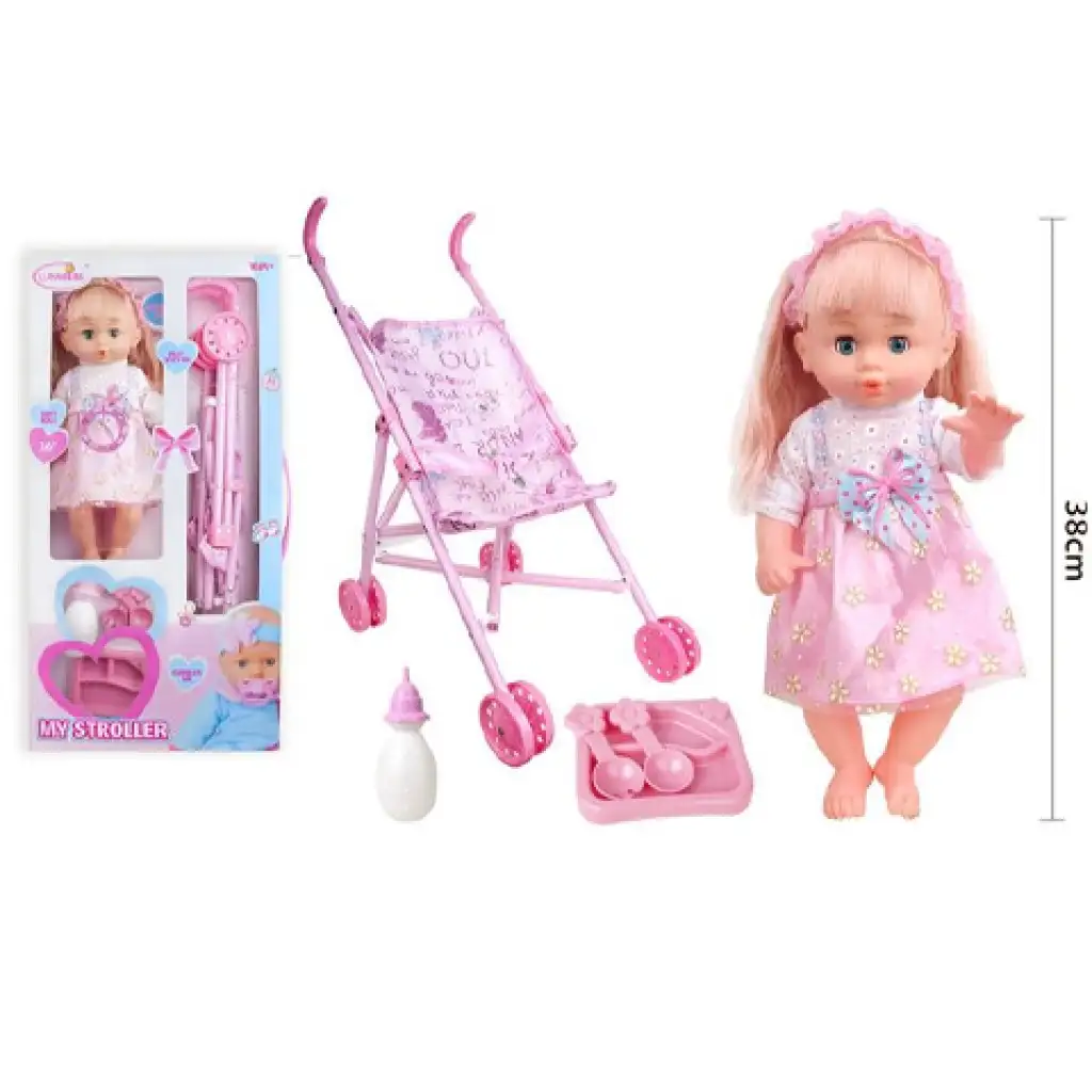 Szőke hajú baba babakocsival cumisüveggel étkészlettel kép 2