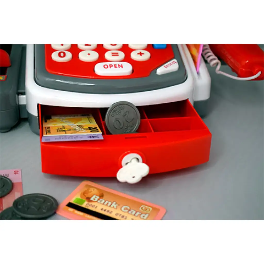 Piros funkciós elektromos pénztárgép futószalaggal, termékekkel és hanggal kép 4