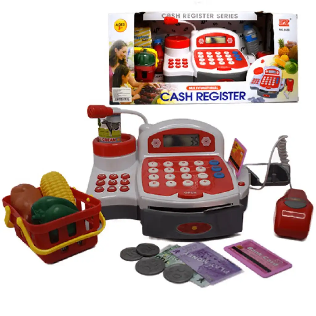 Piros funkciós elektromos pénztárgép játékpénzzel, termékekkel és hanggal kép 2