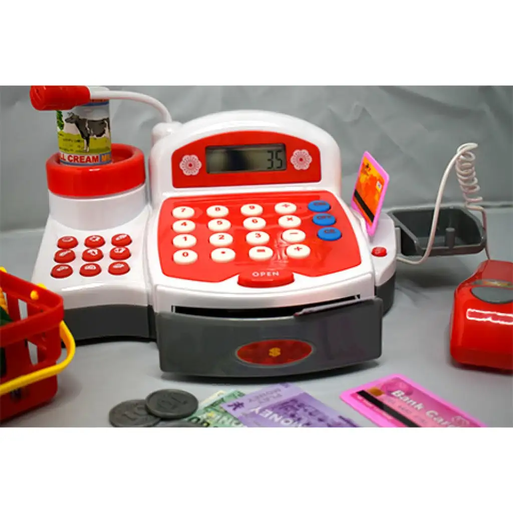 Piros funkciós elektromos pénztárgép játékpénzzel, termékekkel és hanggal kép 4