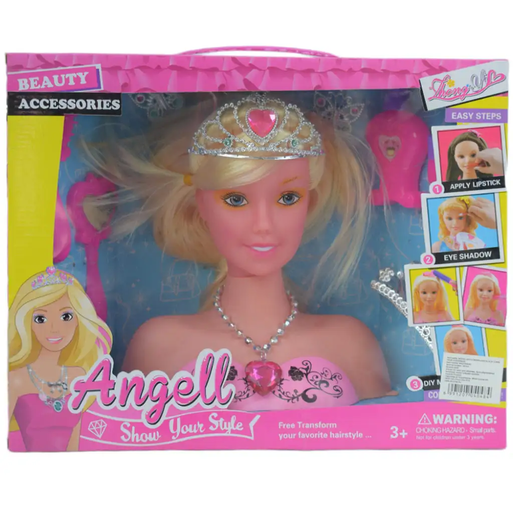 Angell: Fodrászolható és fésülhető babafej tiarával és kiegészítőkkel 21cm kép 5