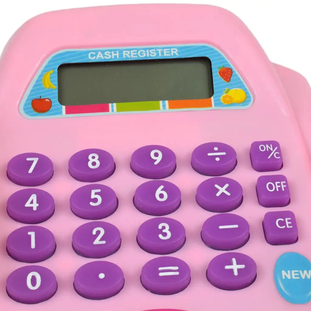 Rózsaszín elektronikus pénztárgép fénnyel és hanggal, játékpénzzel 25x14cm kép 3