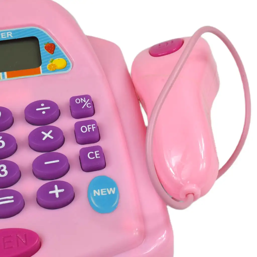 Rózsaszín elektronikus pénztárgép fénnyel és hanggal, játékpénzzel 25x14cm kép 5
