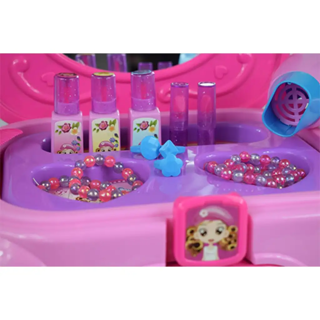 Szépítkező asztal hordozható ülőkében ékszerekkel és szépség kiegészítőkkel kép 3