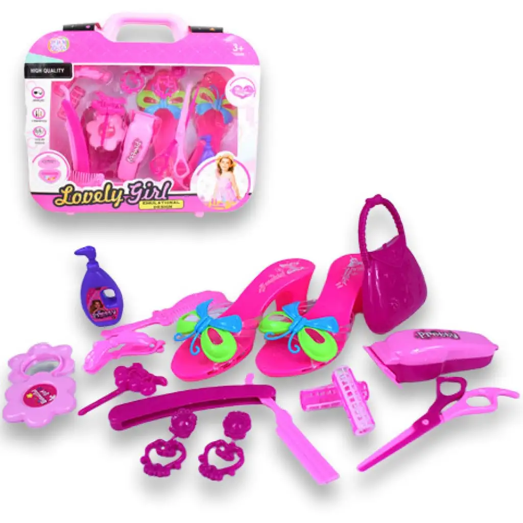 Szépségszett fodrász kellékekkel, cipővel és fülbevalóval táskában