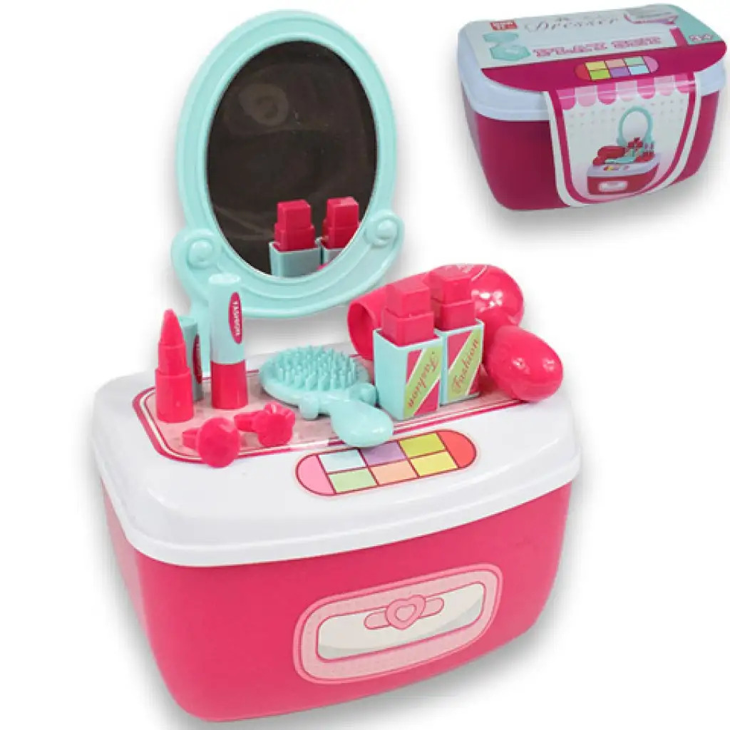 Szépség szett tükrös fésülködő asztalkával és sminkekkel tárolódobozban