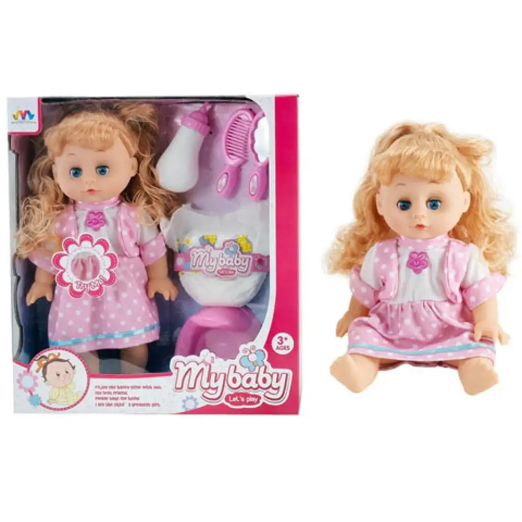 Világos barna hajú pisilős baba hanggal, bilivel és kiegészítőkkel