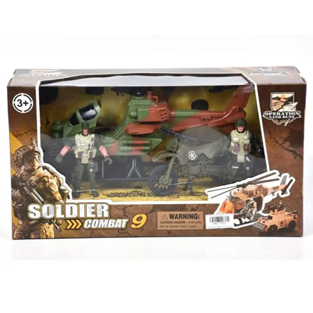 Katonai játékszett motorral és helikopterrel